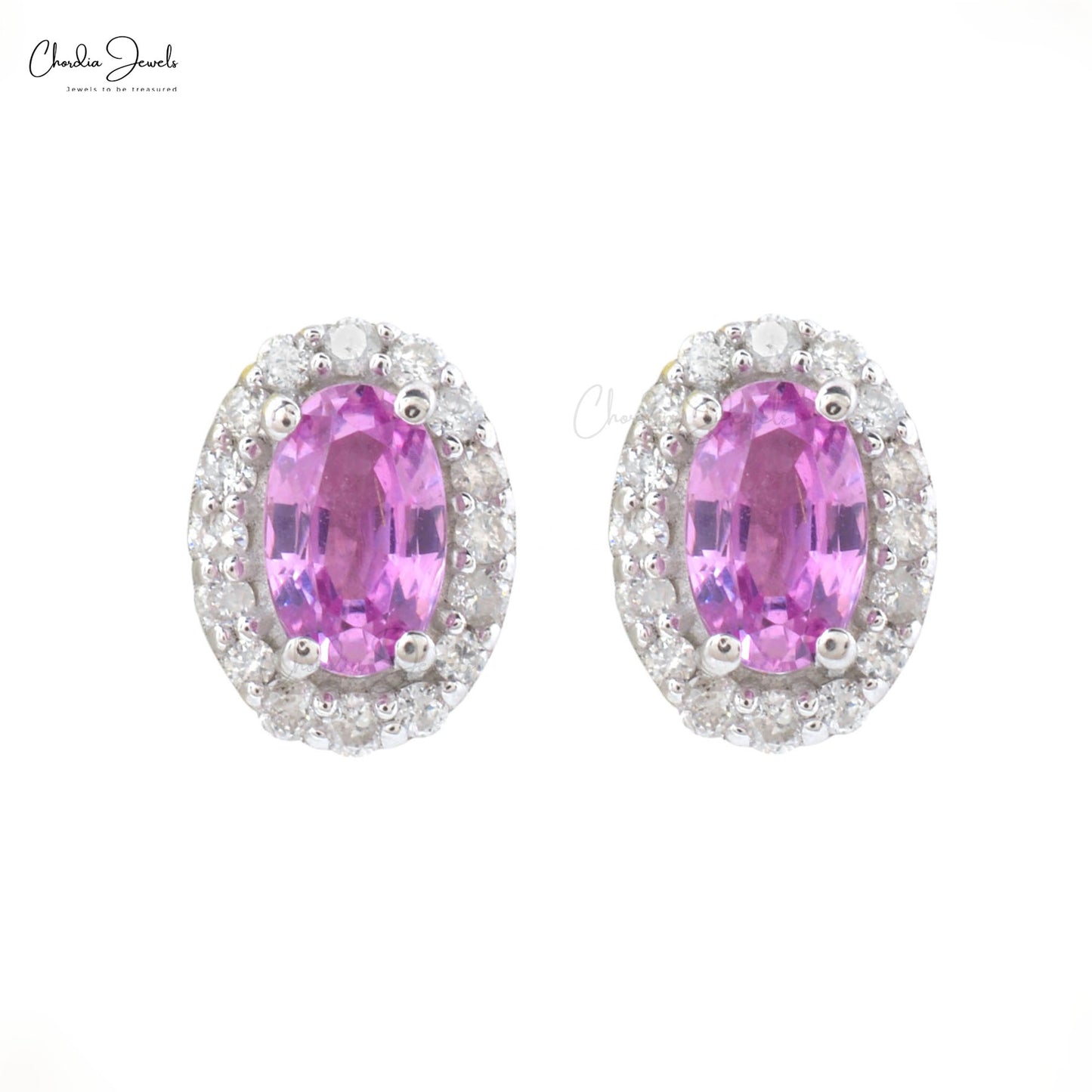 Natural Pink Sapphire Dainty Earrings 14k Solid White Gold Diamond Push Back Earrings 5x3mm Oval Cut Gemstone Halo Earrings For Women's