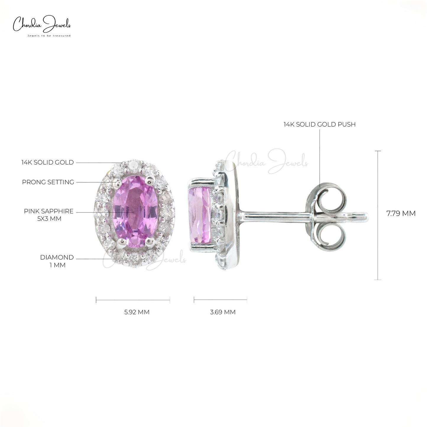 Natural Pink Sapphire Dainty Earrings 14k Solid White Gold Diamond Push Back Earrings 5x3mm Oval Cut Gemstone Halo Earrings For Women's