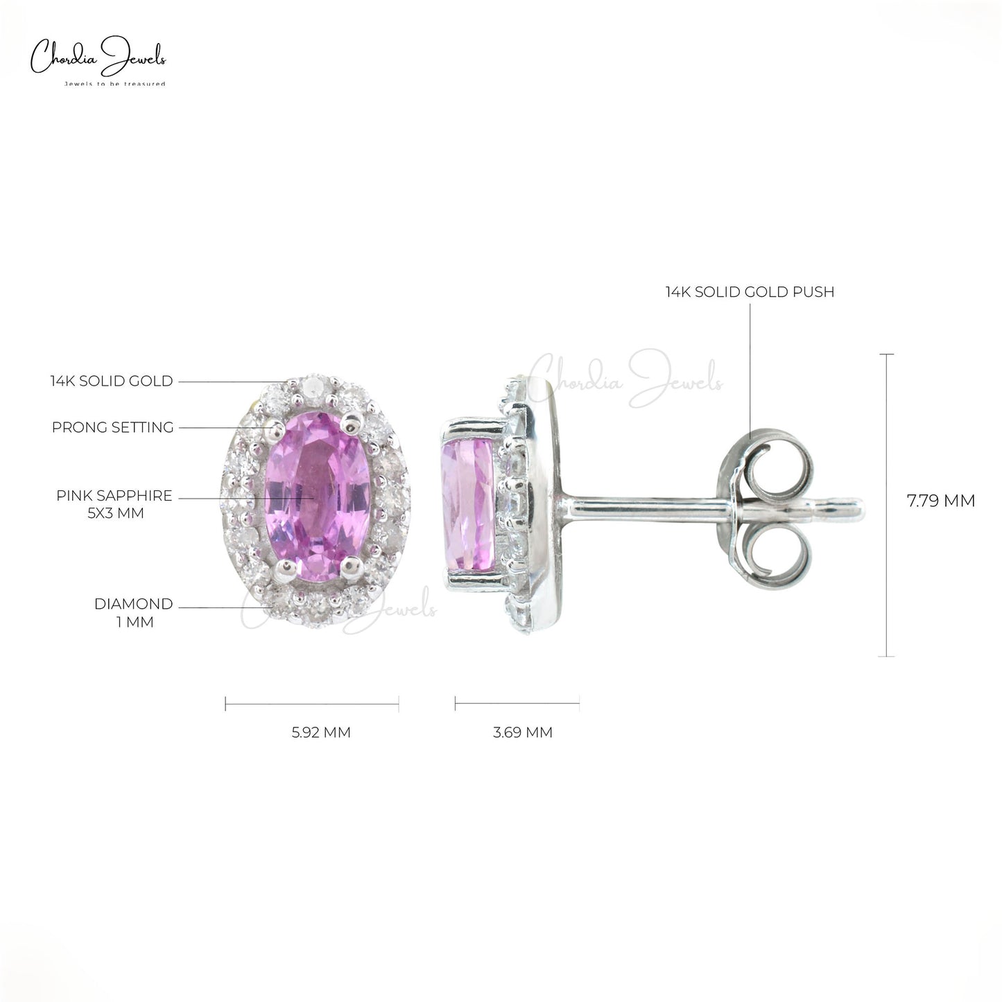 Natural Pink Sapphire Dainty Earrings 14k Solid White Gold Diamond Push Back Earrings 5x3mm Oval Cut Gemstone Halo Earrings For Women's