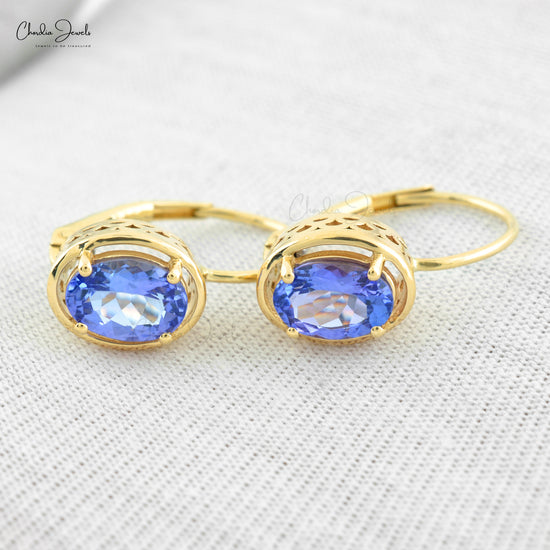 Natural 1.6ct Tanzanite Dangle Earrings 14k Solid Yellow Gold Leverback Earring For Gift