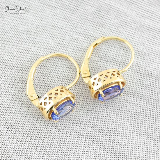 Natural 1.6ct Tanzanite Dangle Earrings 14k Solid Yellow Gold Leverback Earring For Gift