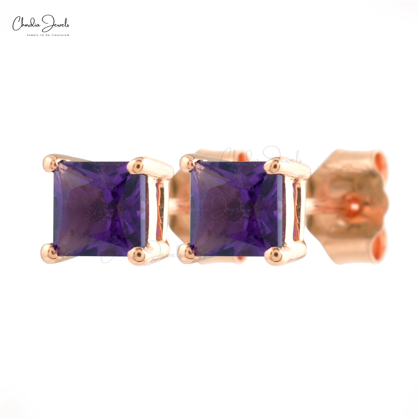 Natural Amethyst Gemstone Square Studs in 14k Rose Gold February Birthstone Solitaire Studs