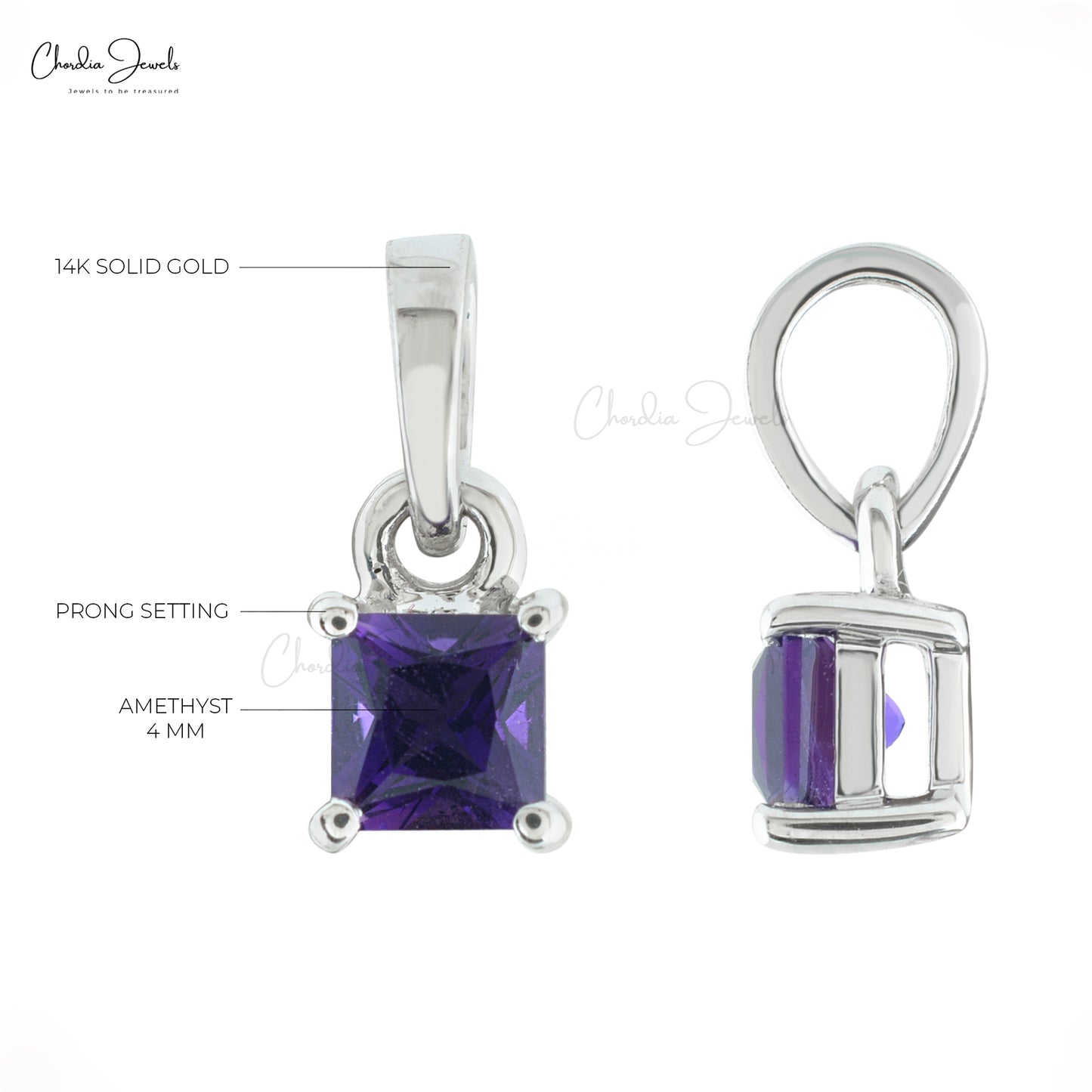 Load image into Gallery viewer, Genuine Amethyst Dainty Pendant 4mm Square Cut Gemstone Pendant 14k Solid White Gold Pendant For February Birthstone

