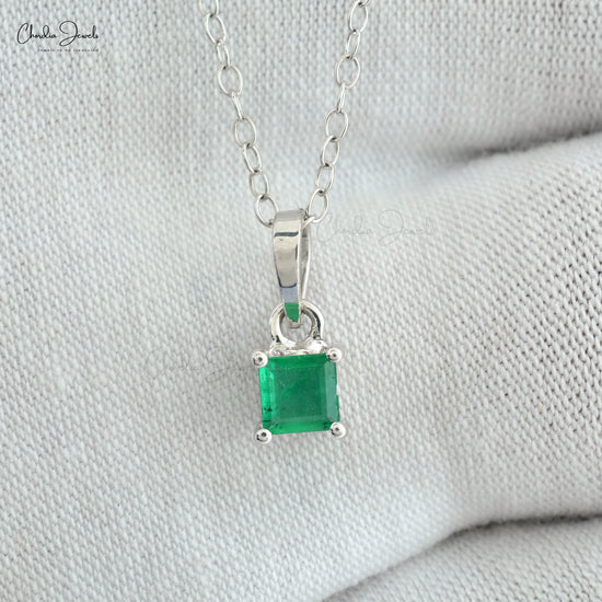 Solitaire Pendant In 14k White Gold Natural Emerald Gemstone Dainty Pendant For Girlfriend