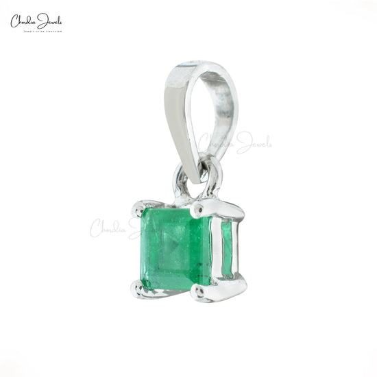 Dangle Square Charm With 0.35 Ct Emerald 14k White Gold May Birthstone Pendant
