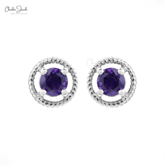 natural amethyst stud earrings in 14k white gold with 5mm round cut