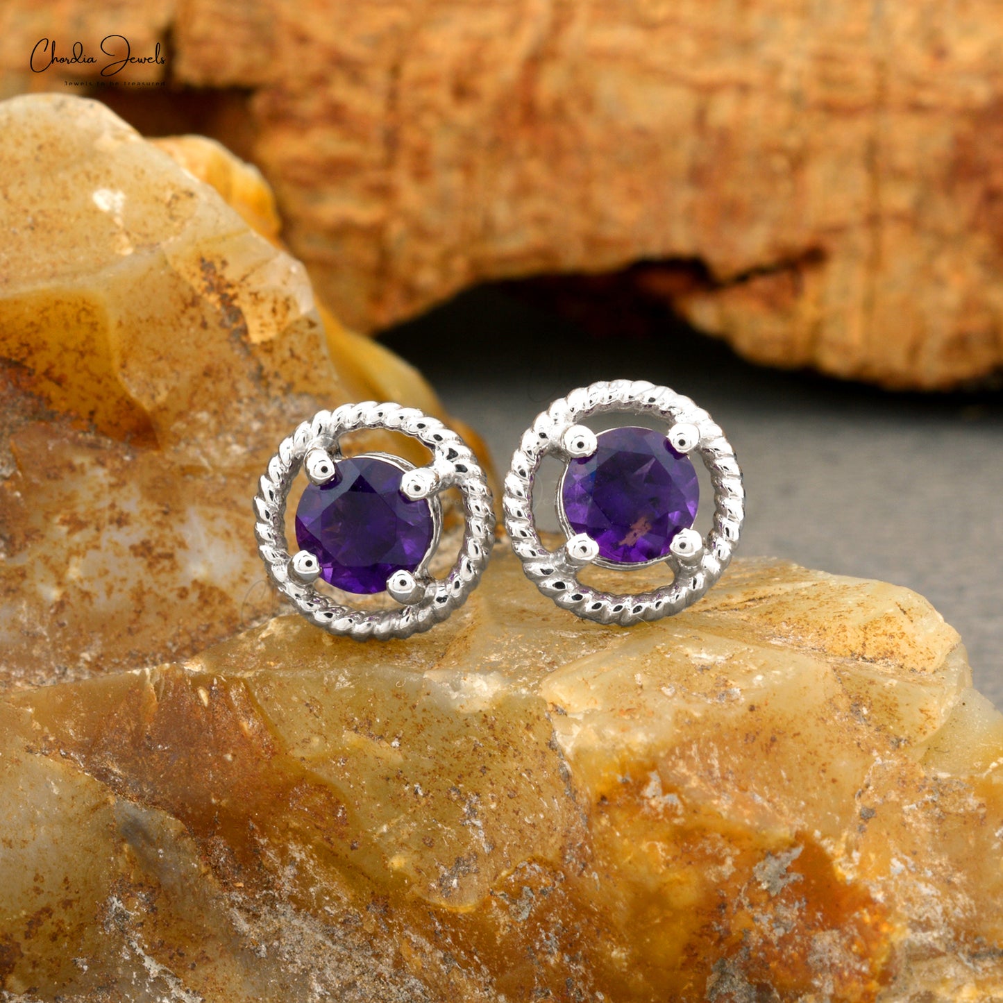 natural amethyst stud earrings in 14k white gold with 5mm round cut