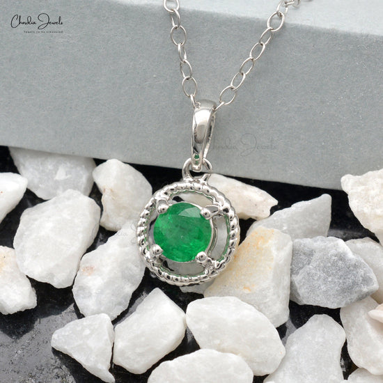 Natural 0.47ct Emerald Gemstone Spiral Pendant 14k Real White Gold Dainty Pendant For Gift