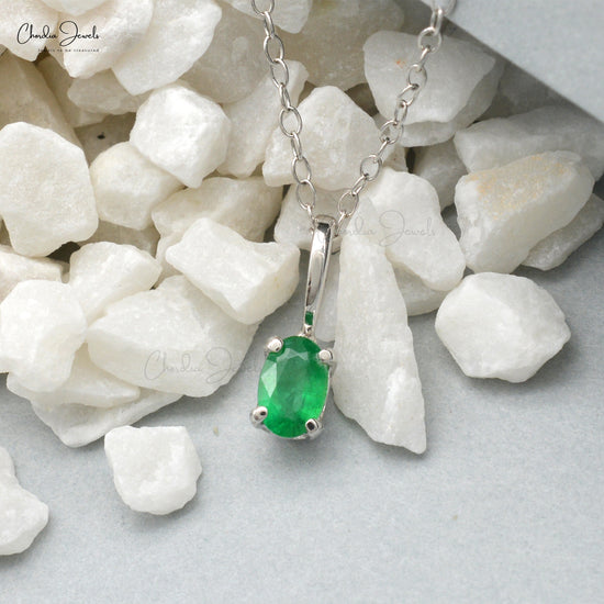 Stunning Emerald Gemstone Pendant In 14k White Gold Genuine May Birthstone Solitaire Pendant