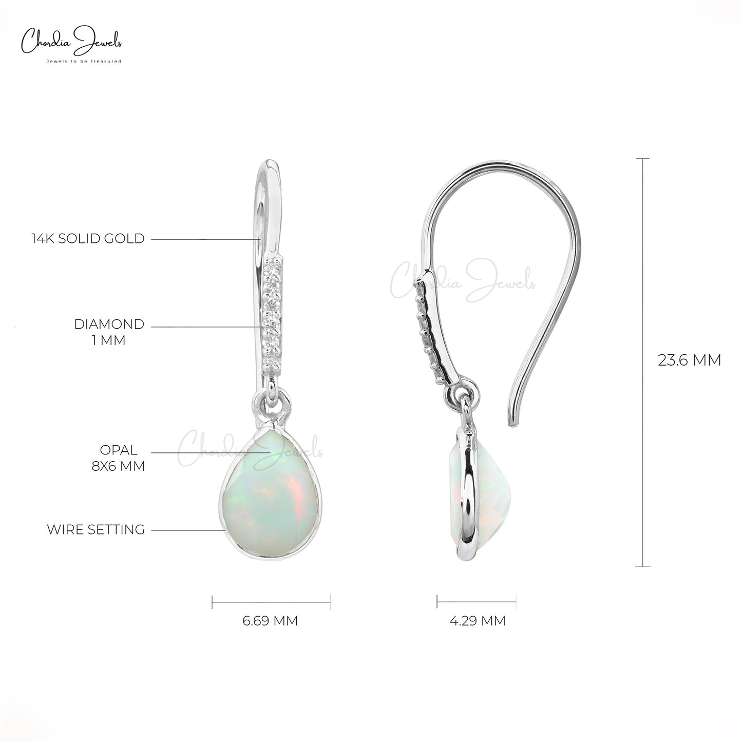 Genuine Opal Earrings 8x6mm Pear Cut Gemstone Dangle Earrings 14k Solid White Gold Diamond Antique Art Deco Earrings For Her