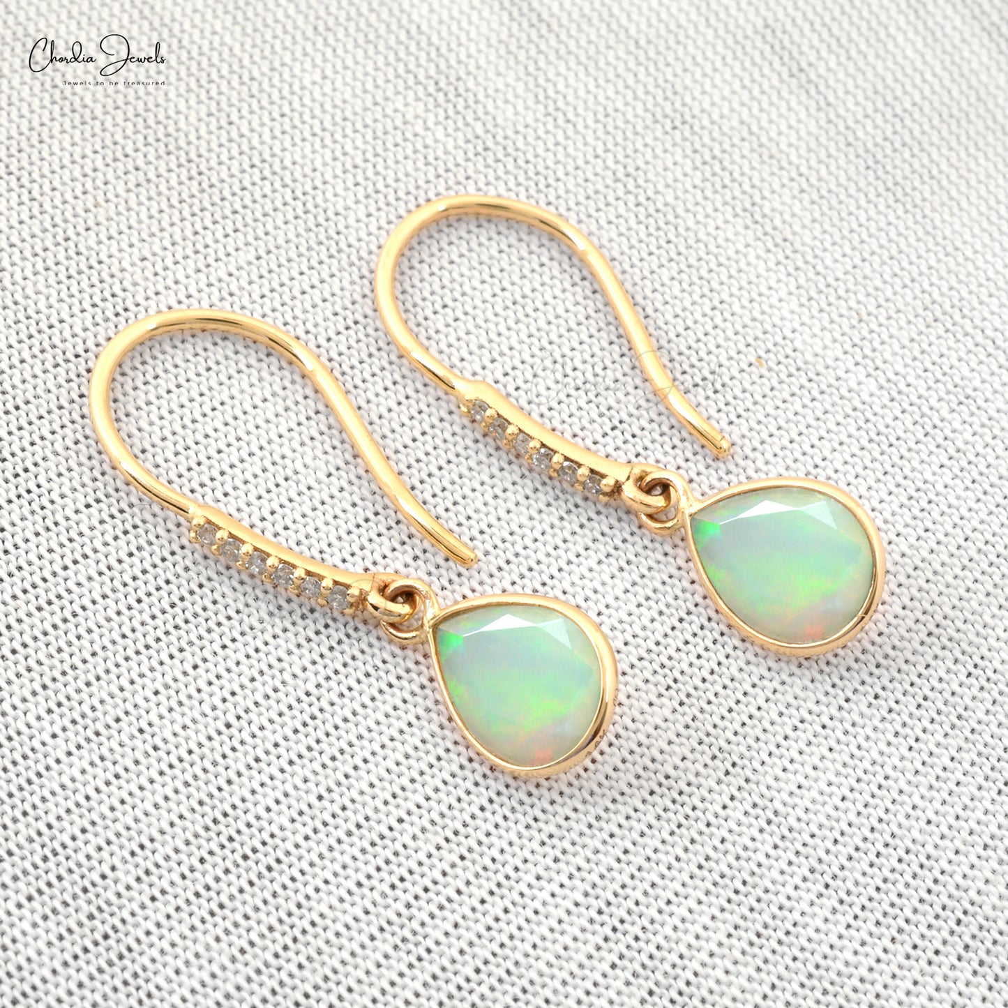 Natural Ethiopian Opal Dainty Earrings 14k Solid Yellow Gold White Diamond Earrings For Birthday Gift Pear Cut Gemstone Fine Jewelry