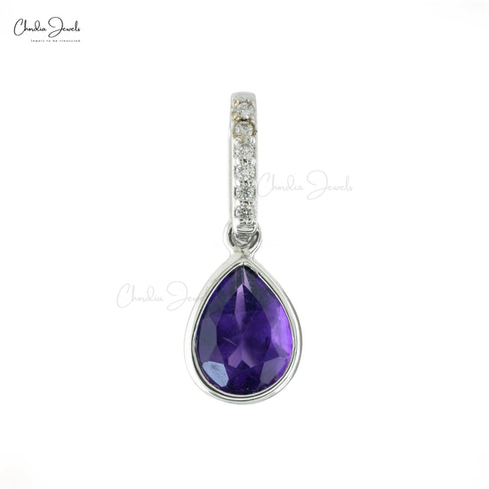 Authentic Amethyst & Diamond Accents Drop Pendant Real 14k White Gold Dainty Pendant For Gift