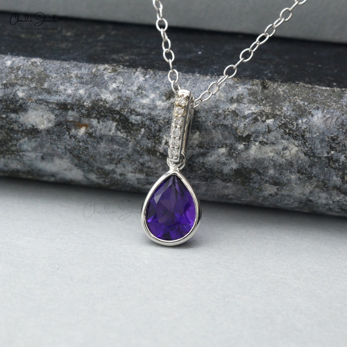 Authentic Amethyst & Diamond Accents Drop Pendant Real 14k White Gold Dainty Pendant For Gift