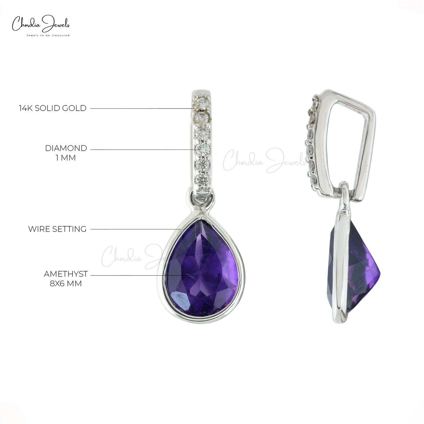 Authentic Amethyst & Diamond Accents Drop Pendant Real 14k White Gold Dainty Pendant For Gift