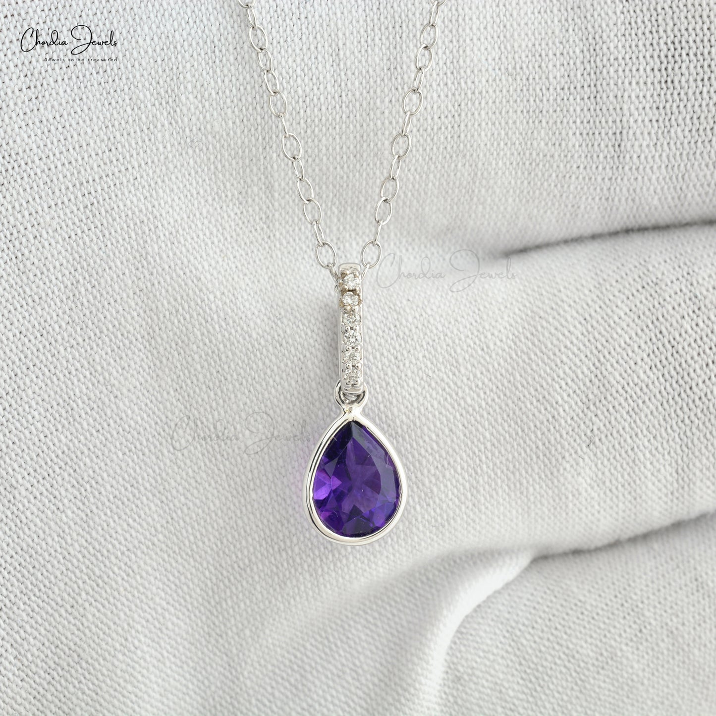 Authentic Amethyst & Diamond Accents Drop Pendant Real 14k White Gold Dainty Pendant For Gift