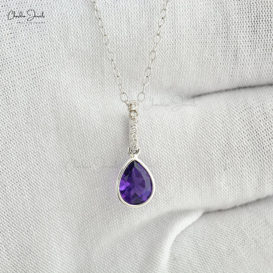 Genuine Amethyst Dangle Pendant With 8x6mm Gemstone And Diamond 14k Gold Pendant