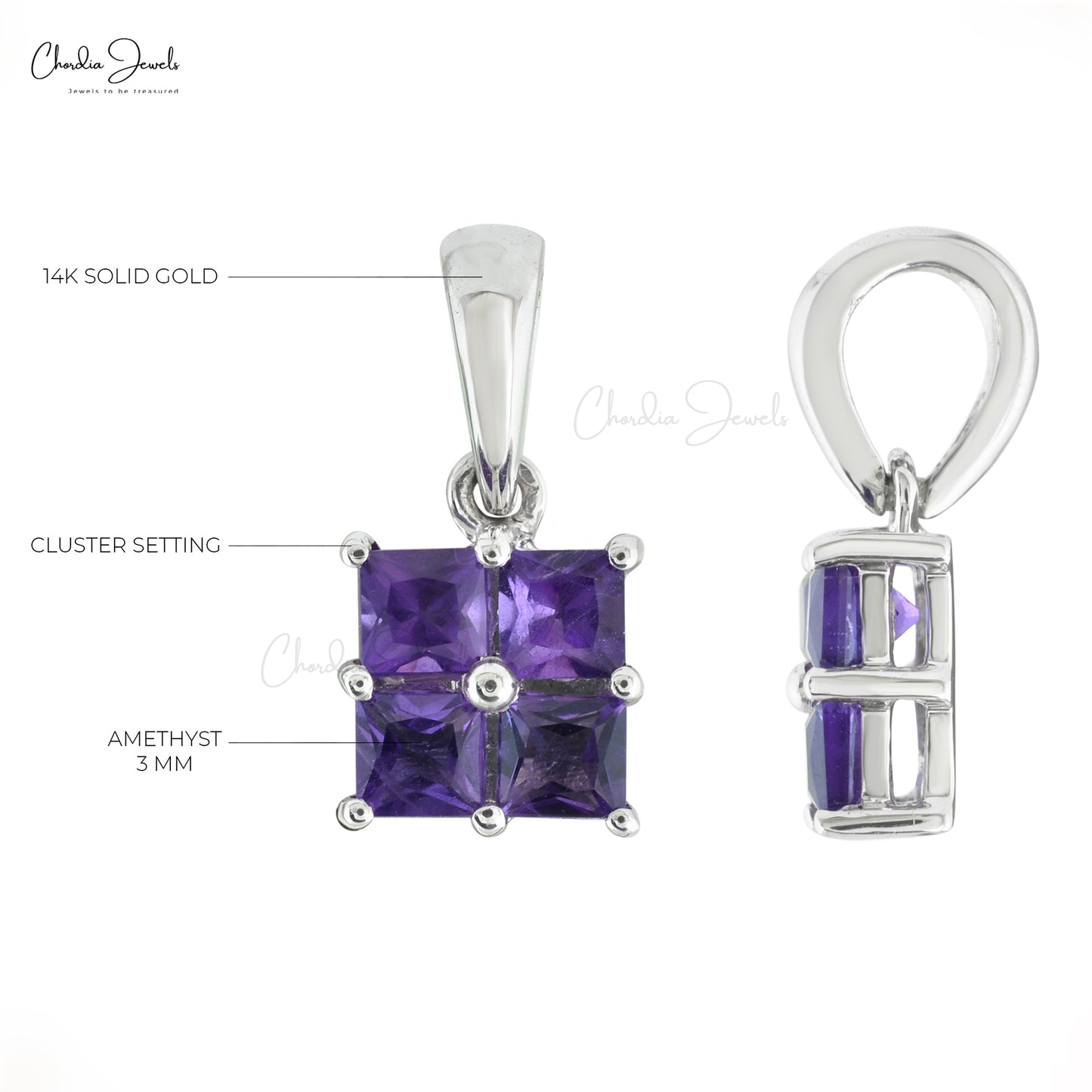 Genuine 0.71ct Amethyst Gemstone Cluster Pendant 14k Solid White Gold Birthstone Pendant 