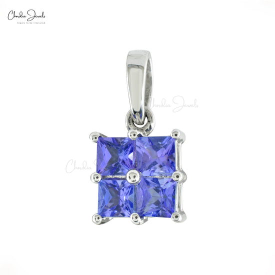 Sparkling Tanzanite Square Cut 0.71Ct Cluster Pendant Genuine 14k Real White Gold Solitaire Pendant For December Birthstone