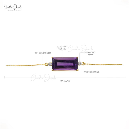 Genuine Amethyst and Diamond Accented Bracelet 14k Solid Yellow Gold Chain Bracelet For Women