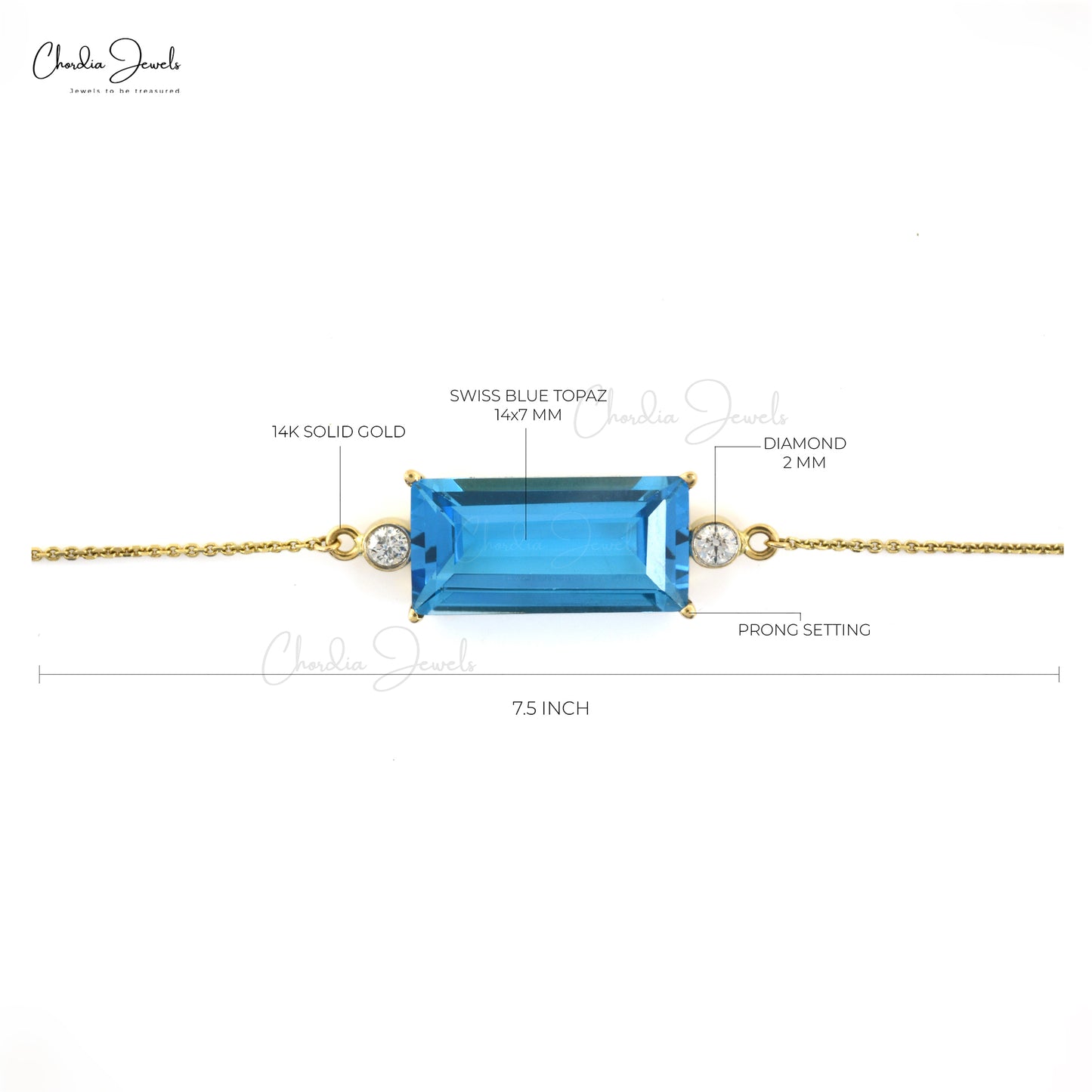Natural Swiss Blue Topaz Diamond Accented Bracelet 14k Solid Yellow Gold Bracelet Baguette Cut Bracelet For women's