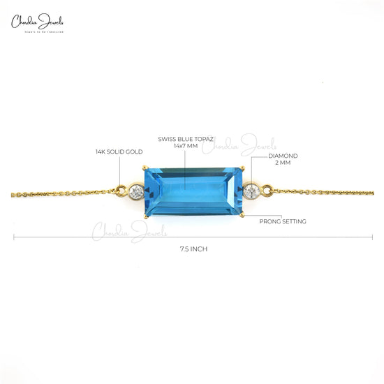 Natural Swiss Blue Topaz Diamond Accented Bracelet 14k Solid Yellow Gold Bracelet Baguette Cut Bracelet For women's