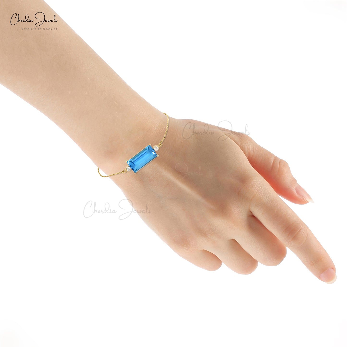 Natural Swiss Blue Topaz Diamond Accented Bracelet 14k Solid Yellow Gold Bracelet Baguette Cut Bracelet For women's