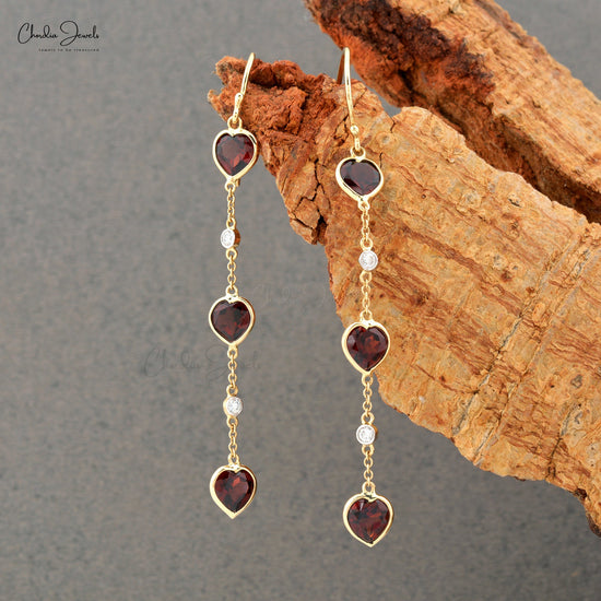 Stunning Heart Garnet Dangling Earrings 14k Yellow Gold Diamond Accents Long Earring For Gift