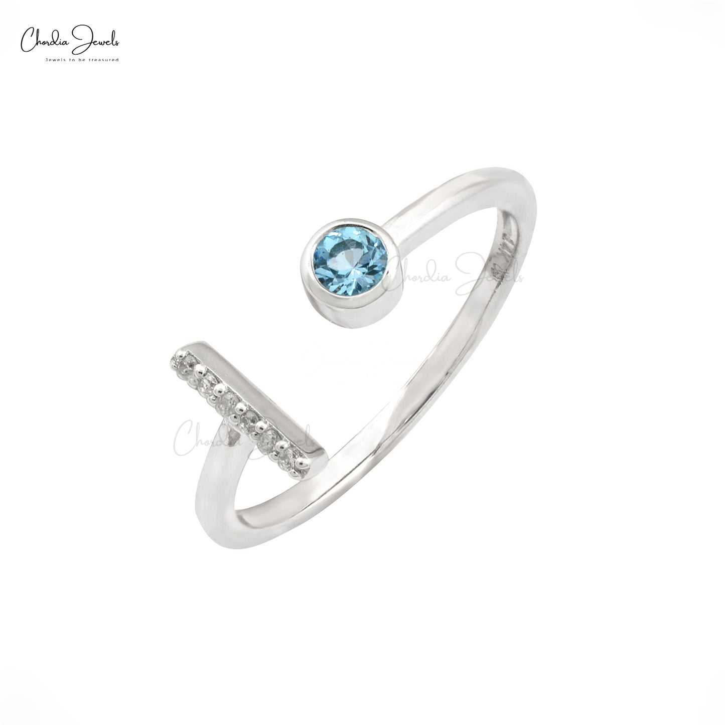 Natural Aquamarine White Diamond Ring 3mm Round Cut Gemstone Split Shank Ring 14k Solid White Gold Dainty Ring For March Birthstone