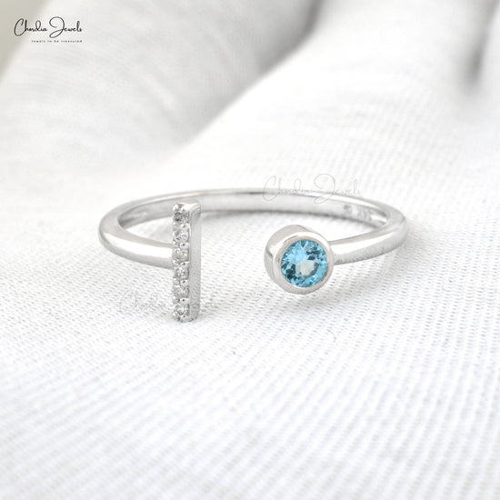 Genuine Aquamarine Ring 3mm Round Cut Gemstone Split Shank Ring Size US-5 14k Solid White Gold Diamond Ring For Engagement