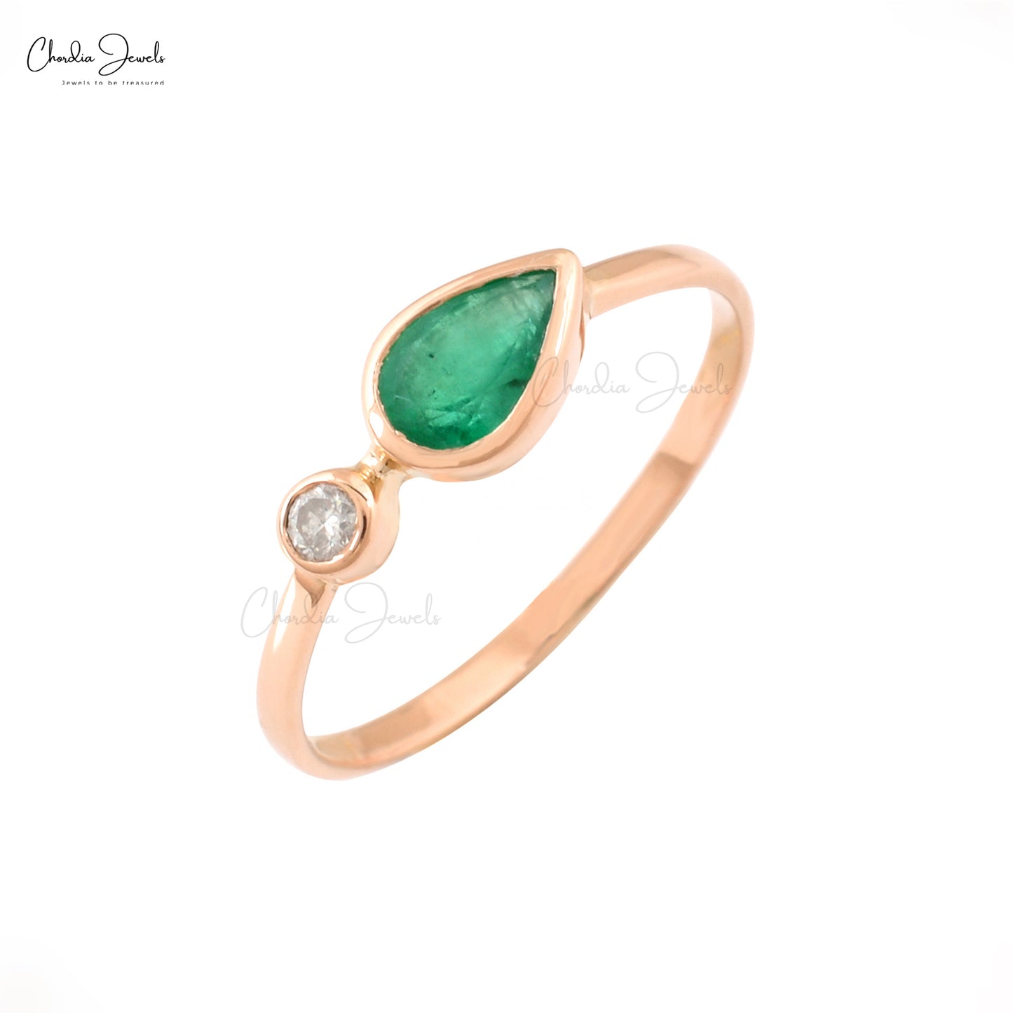Two Stone Bezel Set 14k Rose Gold With Emerald & Diamond Wedding Rings For Women