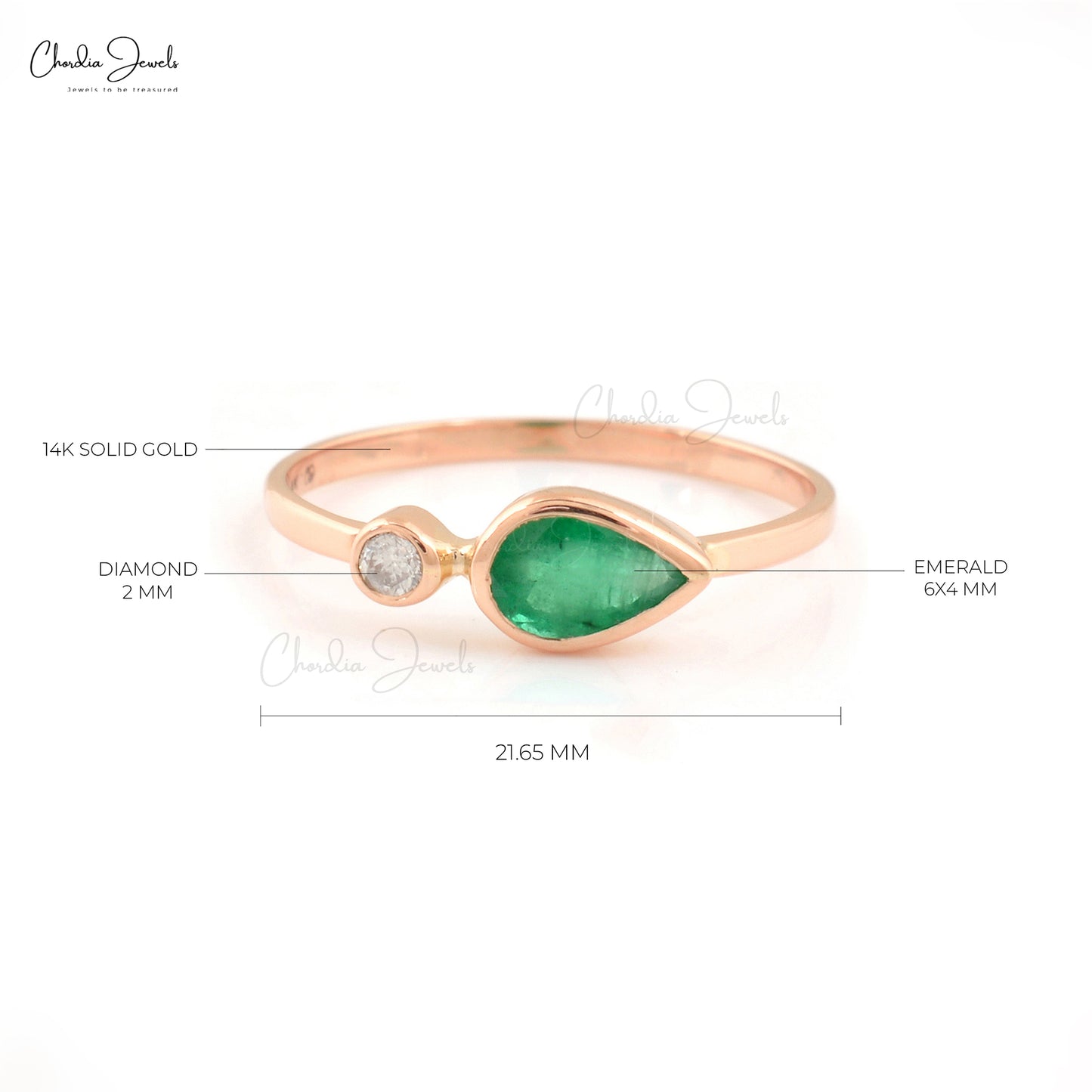 Genuine Emerald 14k Solid Rose Gold Diamond Ring 6X4mm Pear Cut Gemstone Ring For Engagement