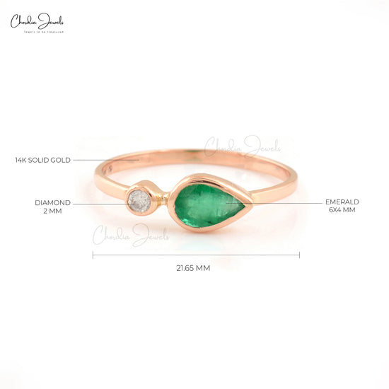 Genuine Emerald 14k Solid Rose Gold Diamond Ring 6X4mm Pear Cut Gemstone Ring For Engagement