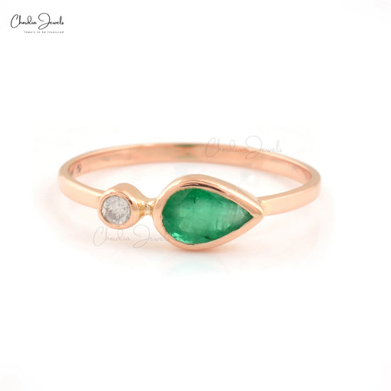 Two Stone Bezel Set 14k Rose Gold With Emerald & Diamond Wedding Rings For Women