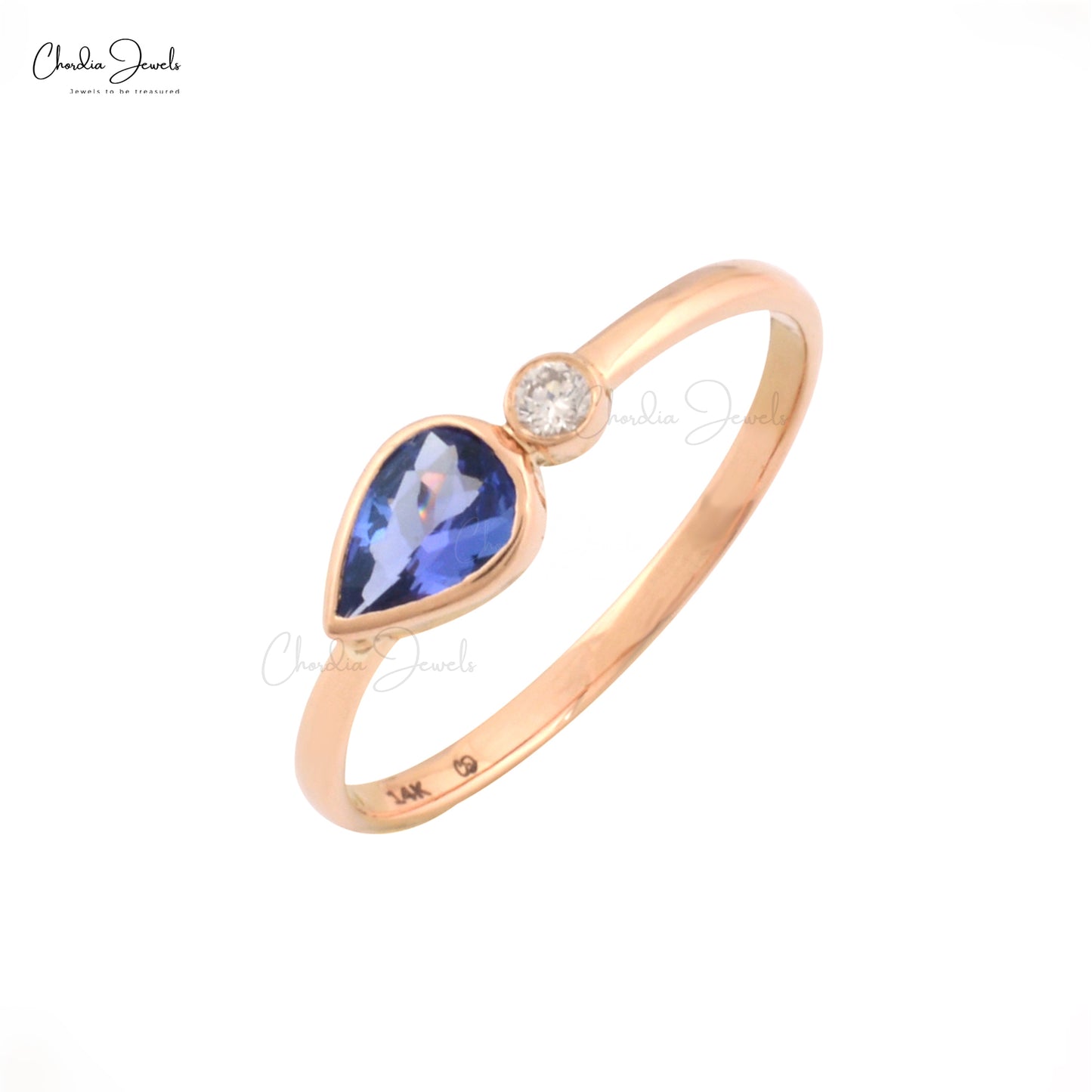 Real 14k Rose Gold Two Stone Band Natural 0.48ct Tanzanite & Diamond Bezel Set Wedding Ring