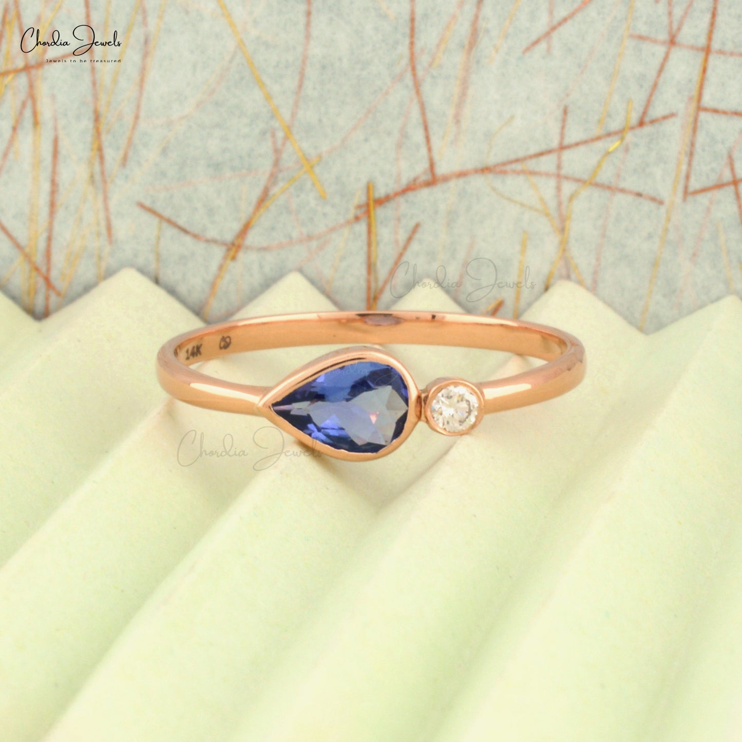 Real 14k Rose Gold Two Stone Band Natural 0.48ct Tanzanite & Diamond Bezel Set Wedding Ring