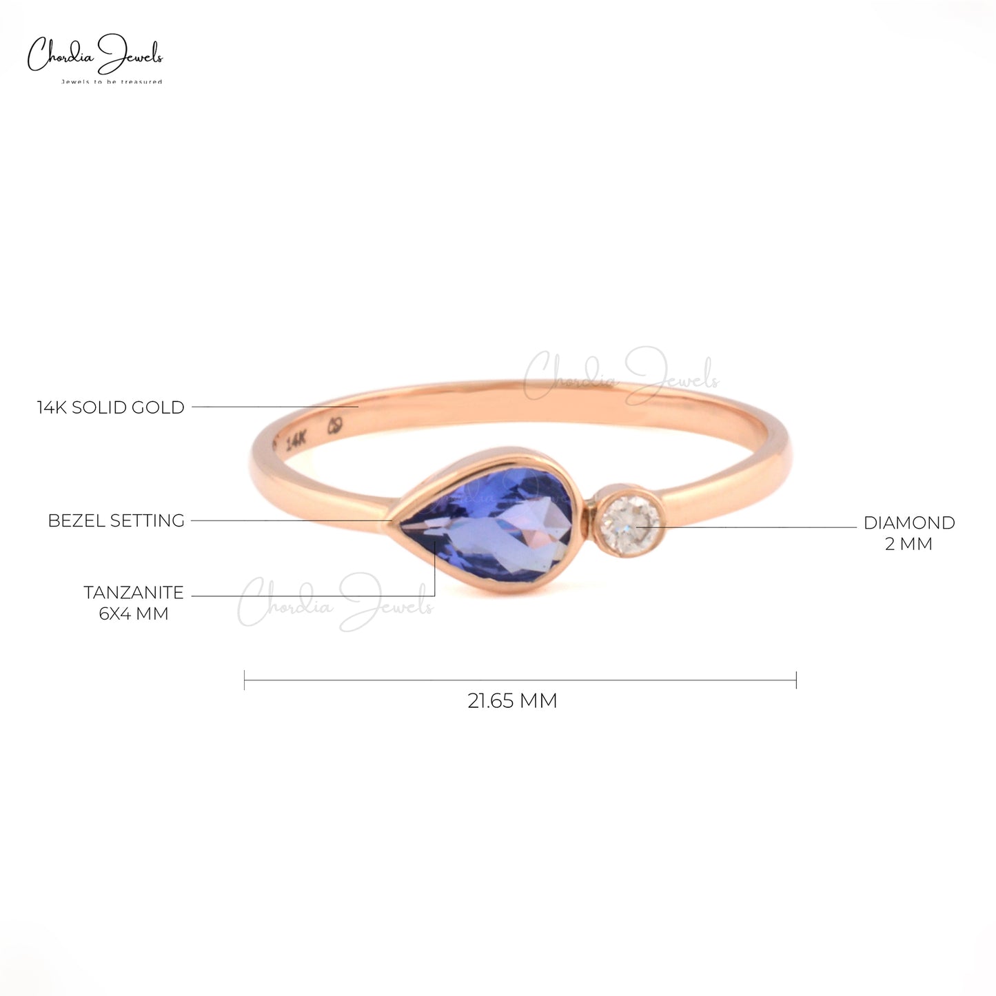 Real 14k Rose Gold Two Stone Band Natural 0.48ct Tanzanite & Diamond Bezel Set Wedding Ring