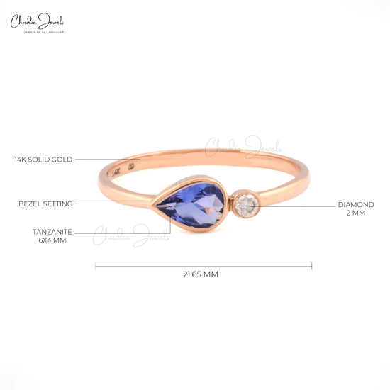 Real 14k Rose Gold Two Stone Band Natural 0.48ct Tanzanite & Diamond Bezel Set Wedding Ring