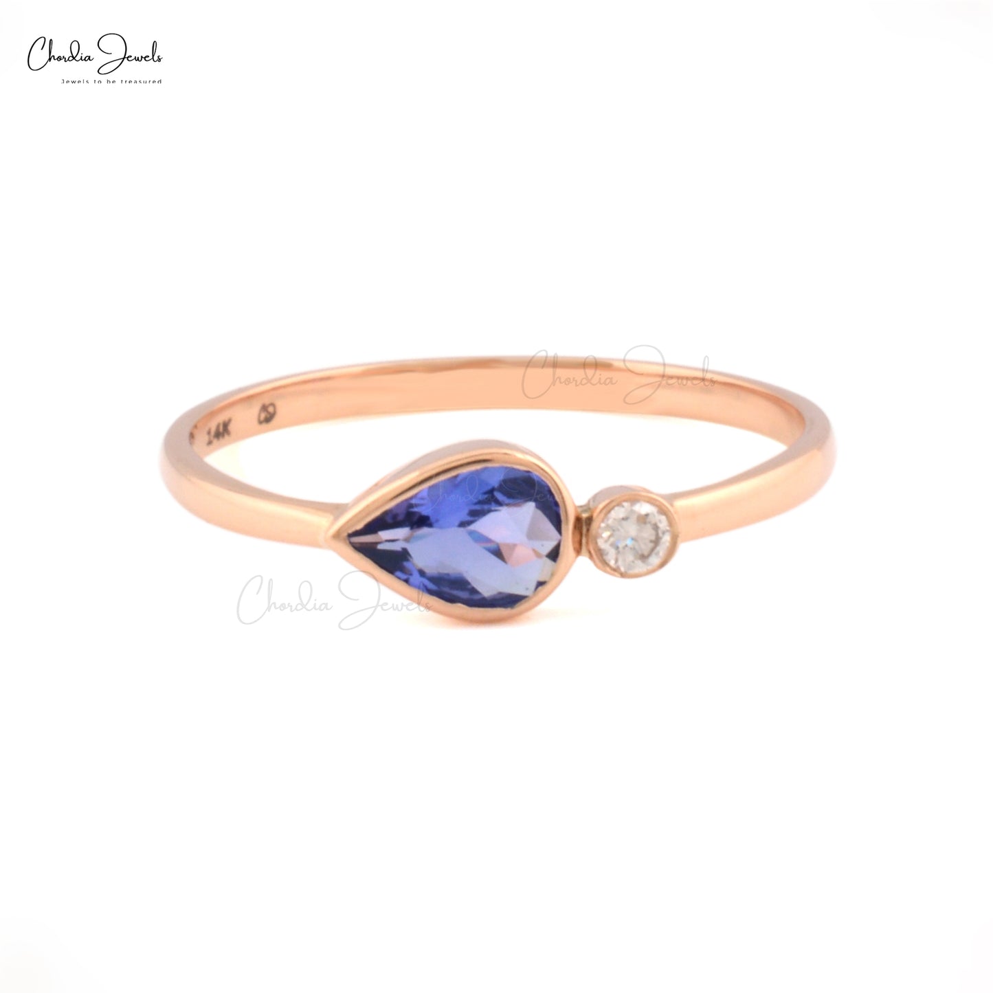 Real 14k Rose Gold Two Stone Band Natural 0.48ct Tanzanite & Diamond Bezel Set Wedding Ring