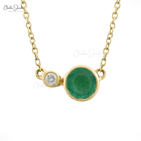 Natural Green Emerald 5mm Round Cut Necklace, 0.47 Ct May Birthstone Dainty Necklace For Wedding Gift, 14k Solid Yellow Gold Bezel Set Diamond Minimalist Jewelry