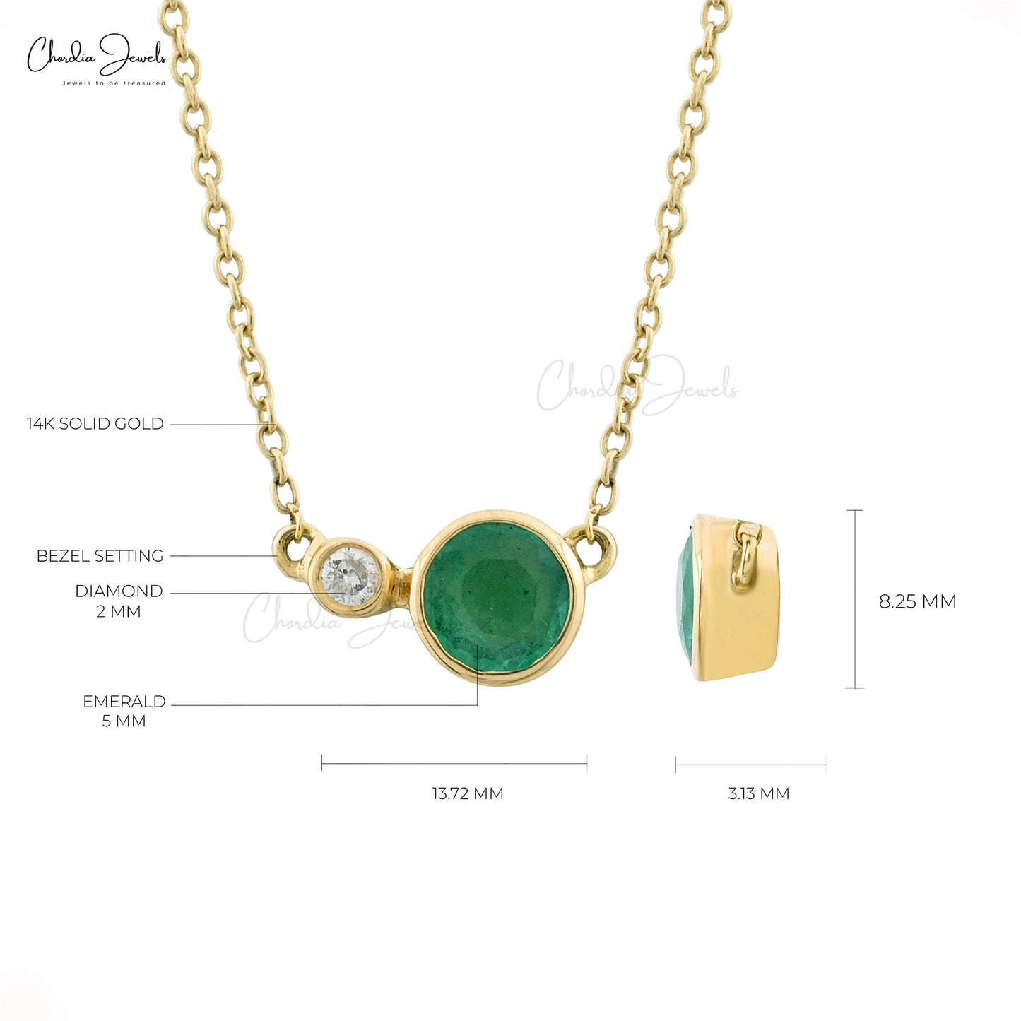 Natural Emerald & Diamond 2-Stone Necklace 14k Yellow Gold Sleek Bezel Set Necklace For Mother's Day