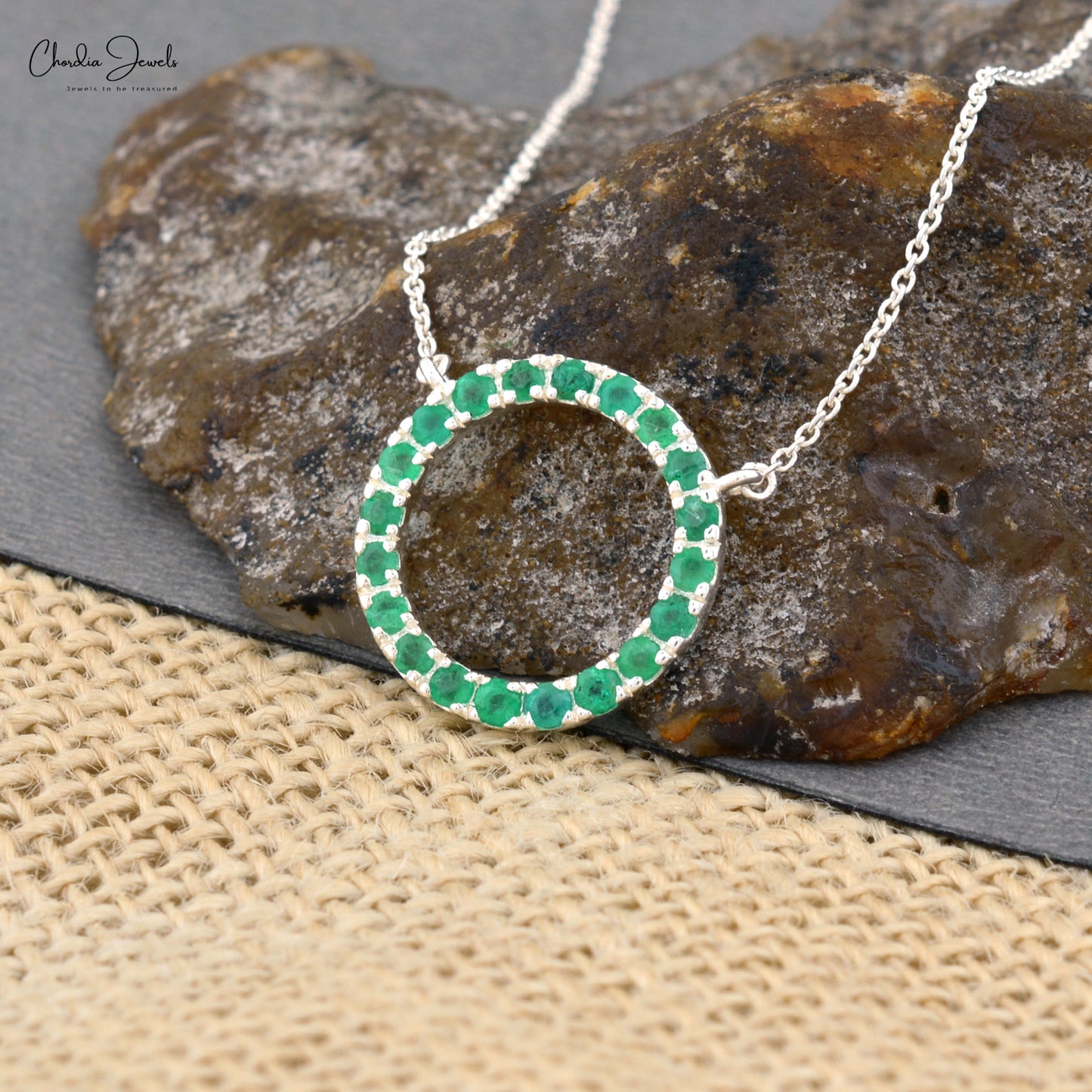 Authentic Emerald Eternity Circle Necklace 14k White Gold Pave Set Gemstone Dainty Necklace 