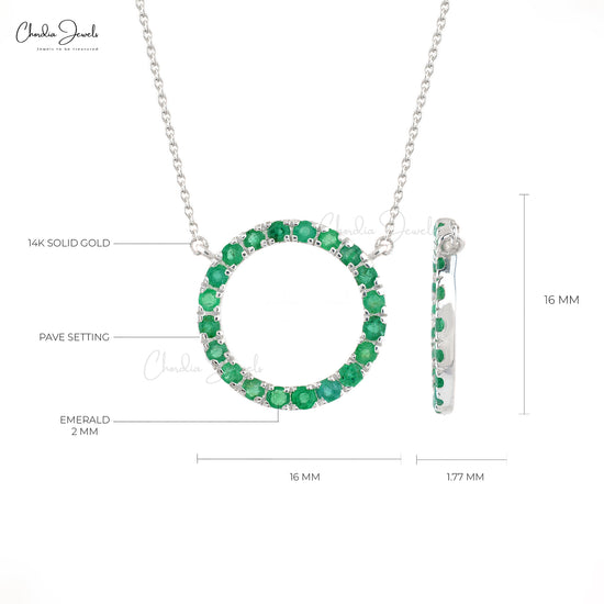 Real 14k Solid White Gold Circle Necklace For Birthday Gift, 2mm Round Cut Pave Set Green Emerald Necklace, 0.60 Ct May Birthstone Gemstone Light Weight Jewelry