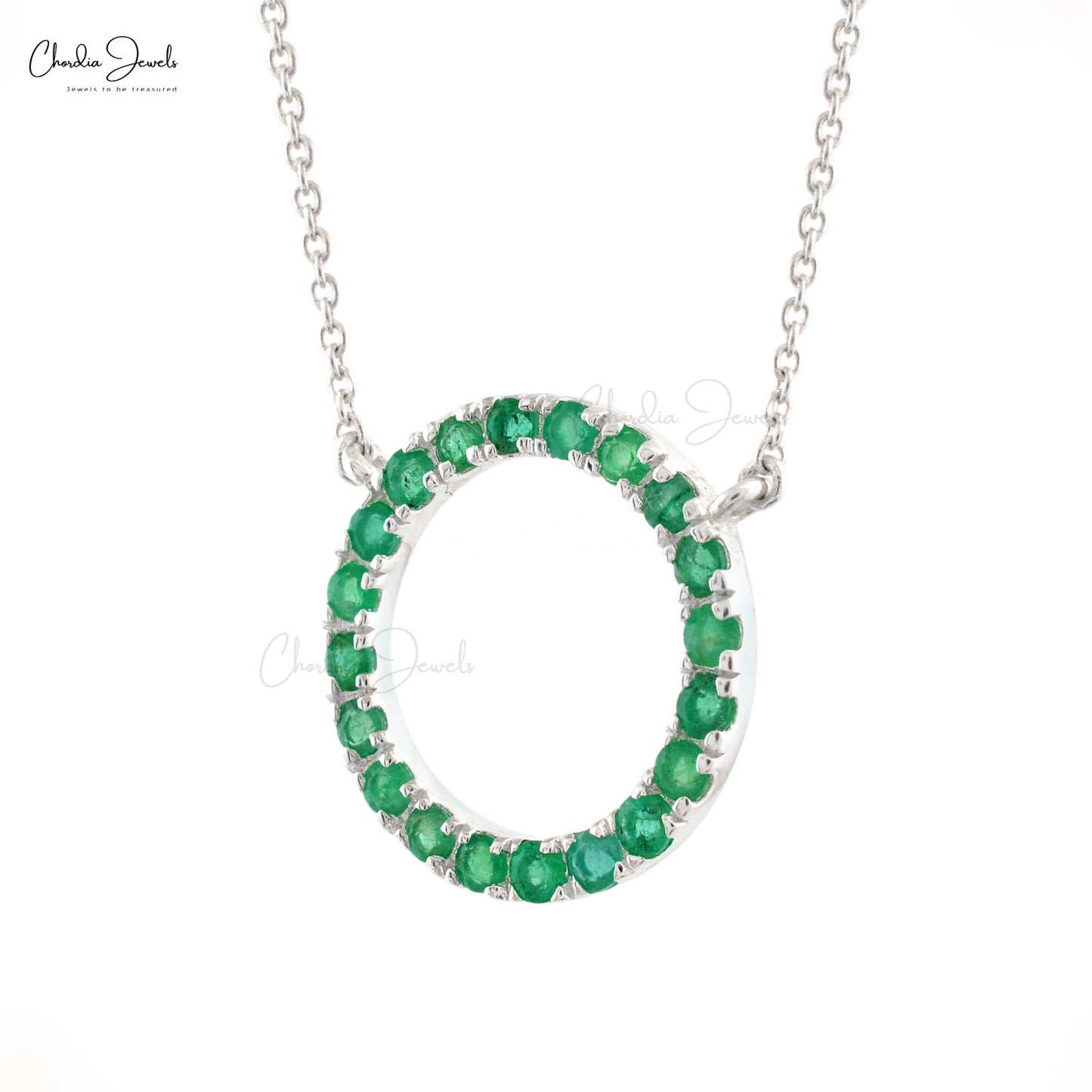 Authentic Emerald Eternity Circle Necklace 14k White Gold Pave Set Gemstone Dainty Necklace 