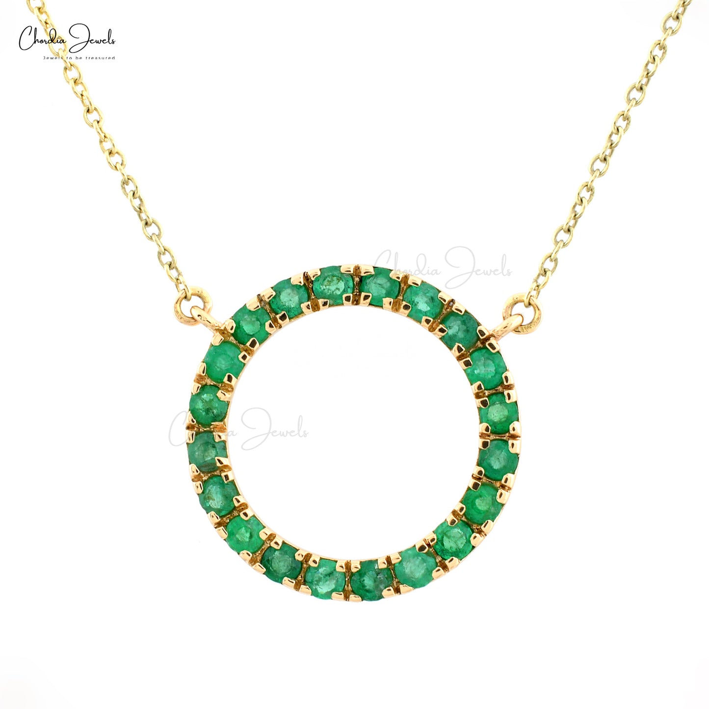 Round 2mm Cut Genuine Green Emerald Circle Necklace, 0.60 Ct Pave Set Gemstone Necklace For Anniversary Gift, 14k Solid Yellow Gold May Birthstone Hallmarked Jewelry