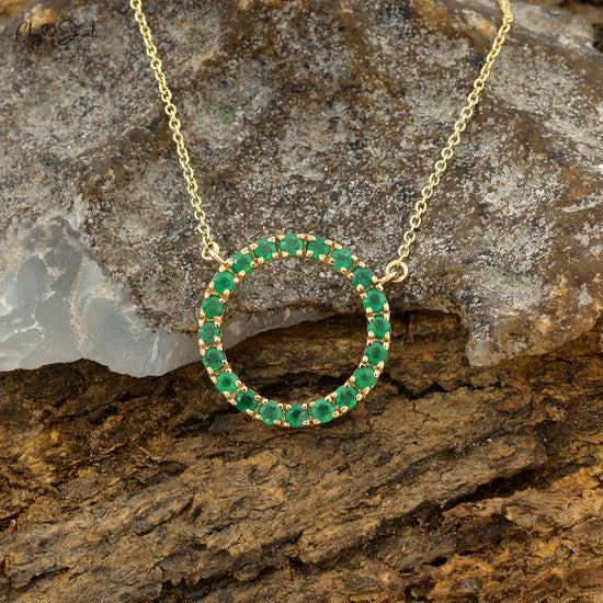 Eternity Circle Necklace With Genuine Emerald In 14k Yellow Gold