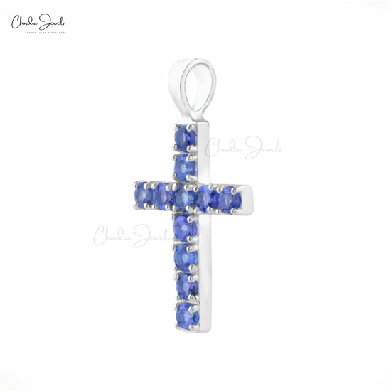 AAA Tanzanite Religious Pendant For Women 2mm Round Cut December Birthstone Cross Locket Pendant 14k Solid White Gold Minimalist Jewelry