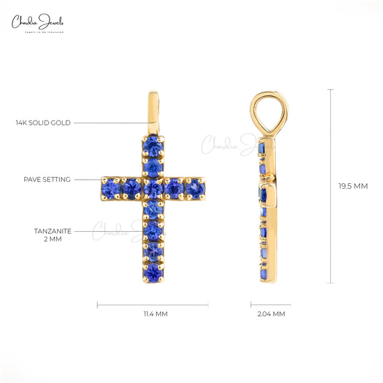 Real 14k Yellow Gold Cross Locket Pendant 2mm Round Cut Pave Set Natural Tanzanite Religious Pendant Fine Jewelry For Anniversary