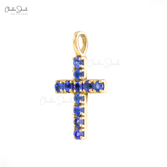 Real 14k Yellow Gold Cross Locket Pendant 2mm Round Cut Pave Set Natural Tanzanite Religious Pendant Fine Jewelry For Anniversary