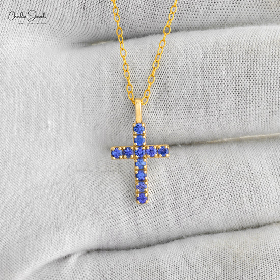 Real 14k Yellow Gold Cross Locket Pendant 2mm Round Cut Pave Set Natural Tanzanite Religious Pendant Fine Jewelry For Anniversary