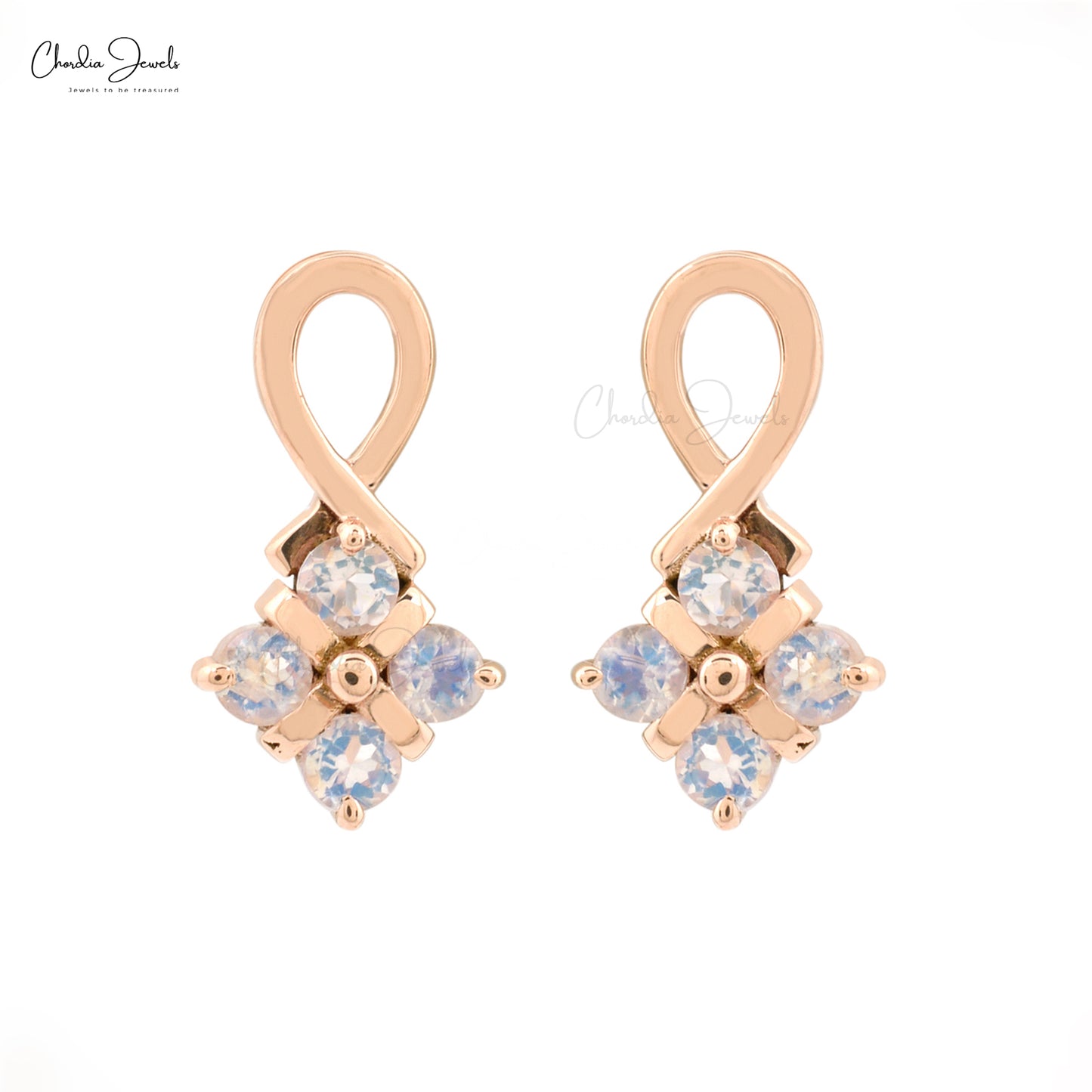 Load image into Gallery viewer, Natural Rainbow Moonstone Cluster Earrings 2mm Round Cut Gemstone 14k Solid Rose Gold Dainty Earrings For Her
